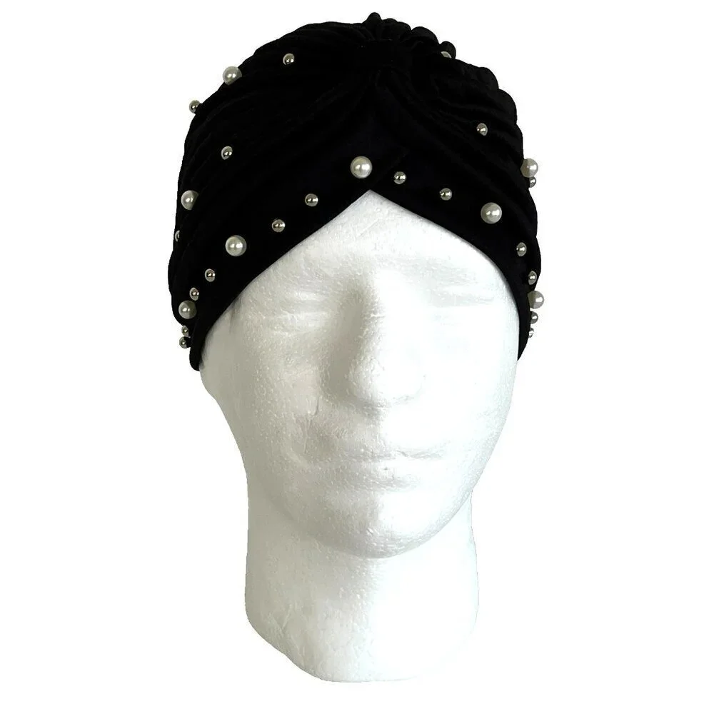 Turban Hat One Size Stretch Beaded Flapper 20's Costume Theater Church Black